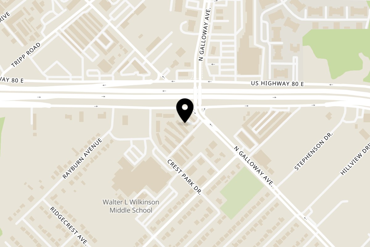 Map showing the location of Taqueria Taxco Highway 80 on 2031 N Galloway Ave in Mesquite